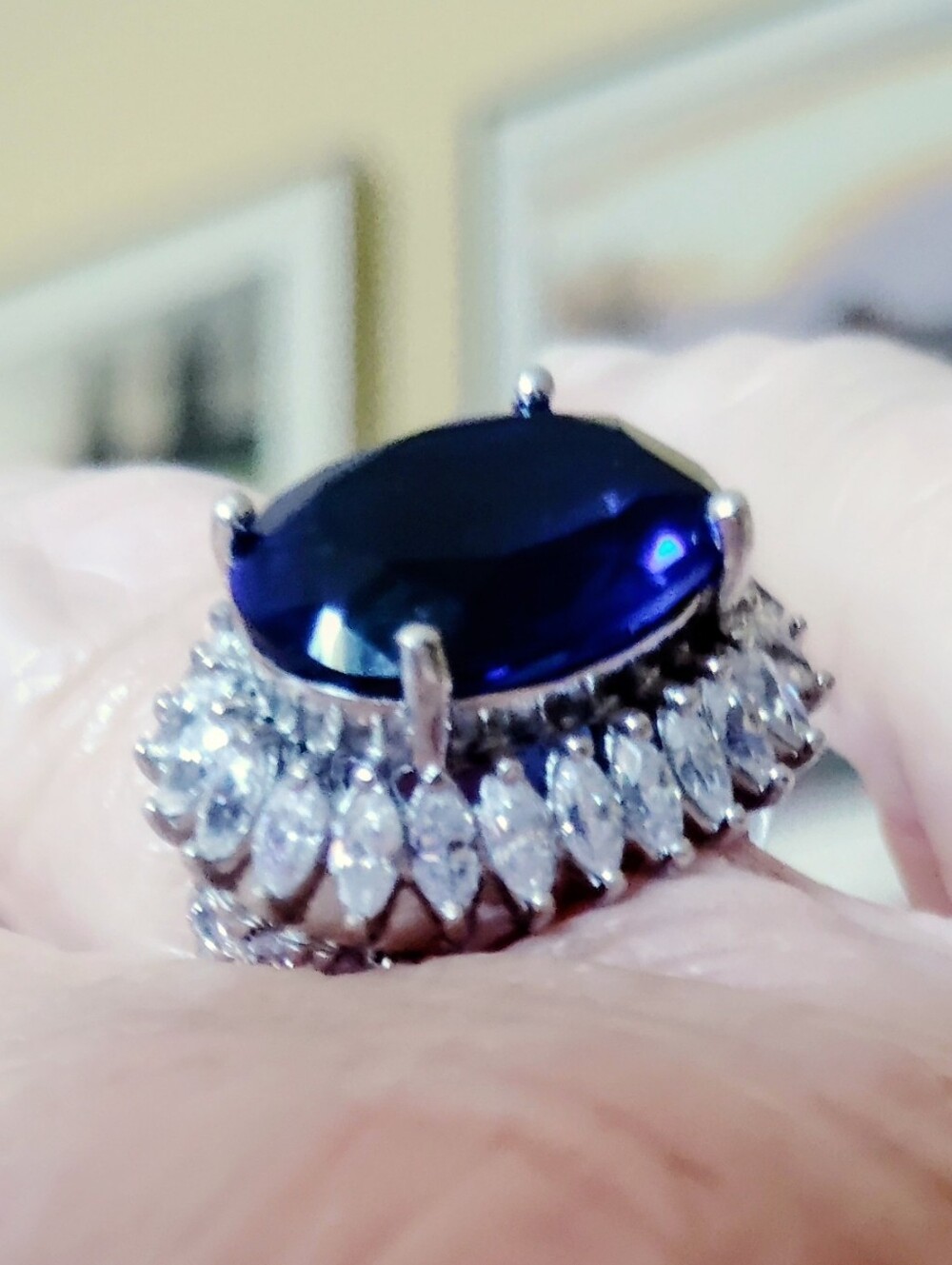 Lab Grown Blue Sapphire Oval Halo Ring East-West Princess Diana Sz 7 Sterling
